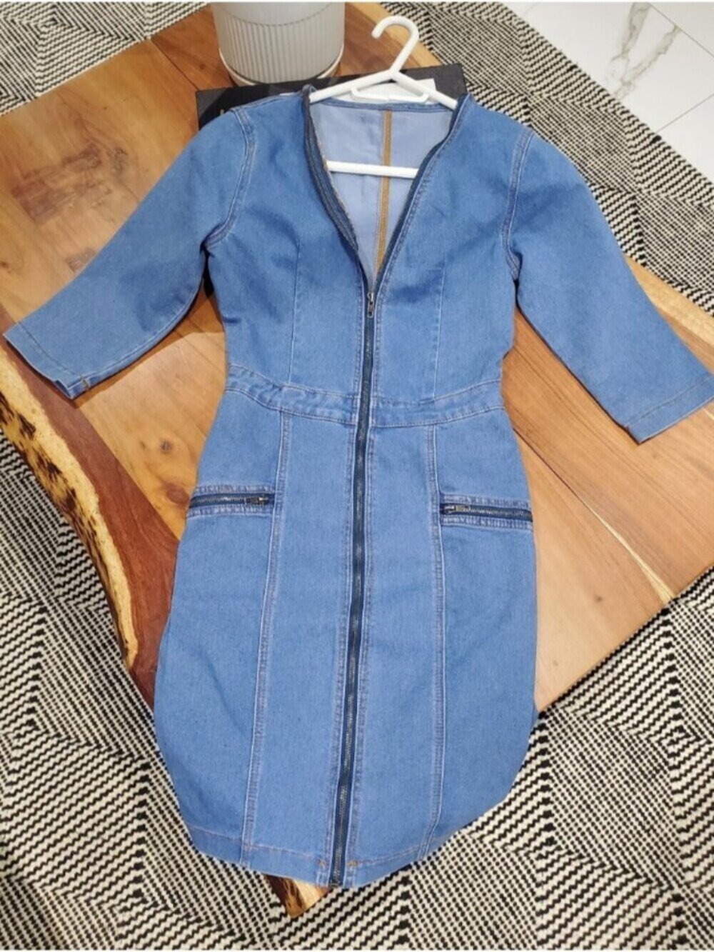 Zip Front Denim Stretch Bodycon Dress - Picture 2 of 6